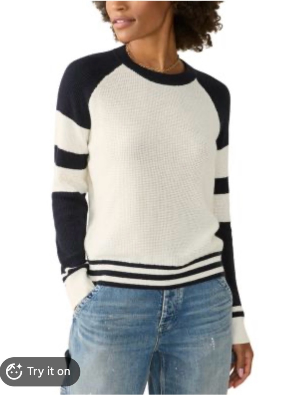 Faherty Cream&Navy Blue Throwback Waffle Knit Crewneck Sweater SZS Nautical Look